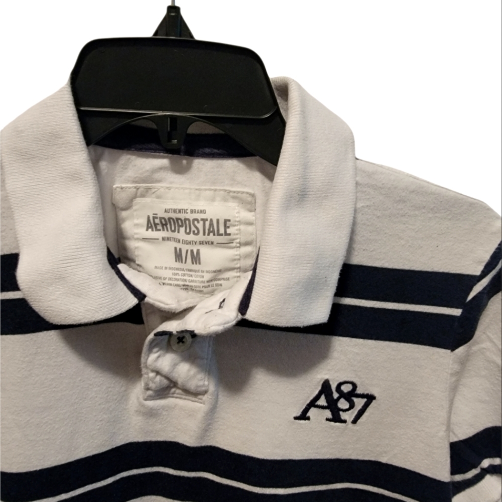 Mens Aeropostale size Medium navy blue strip white polo shirt AEO - Picture 3 of 5